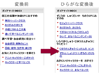 ガイドサイト左にあるINDEXをひらがな・なびぃでひらがな変換